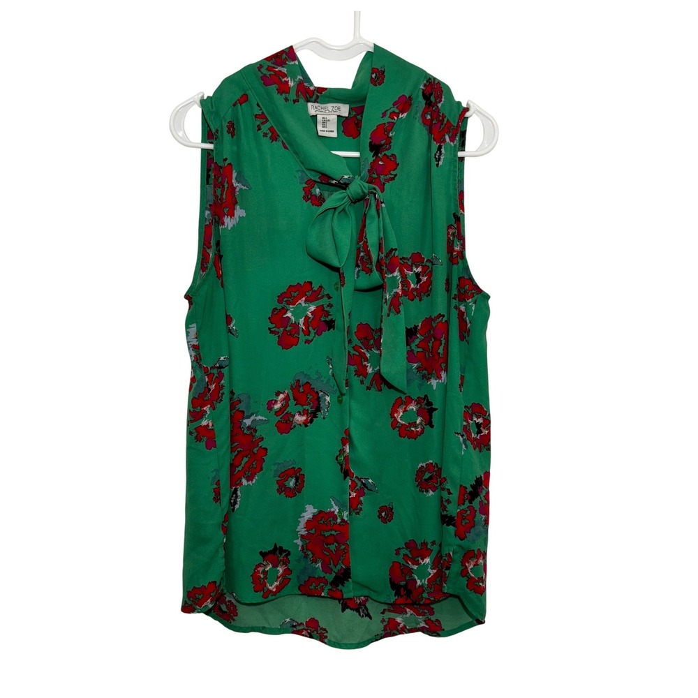 Rachel Zoe‎ Green Floral Tie Neck Sleeveless Blouse Top Large L Button Front